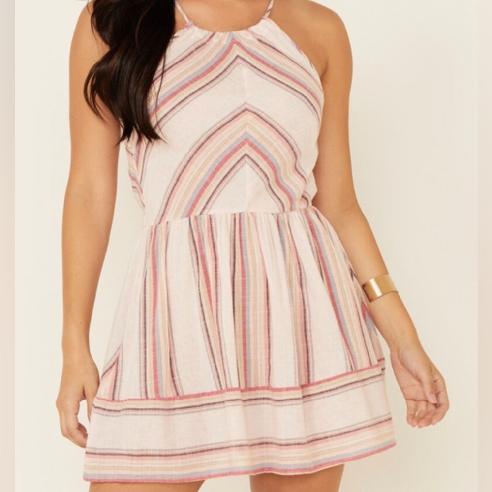 WILD MOSS WOMEN'S STRIPE HALTER NECK BORDER DRESS